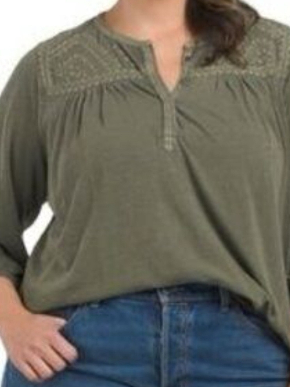 Lucky Brand Olive Green Embroidered Yoke Tunic